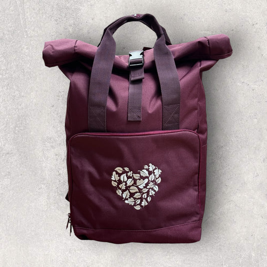 Embroidered Roll-Top Backpack - 'Don't Stop Be-Leafing' - Burgundy